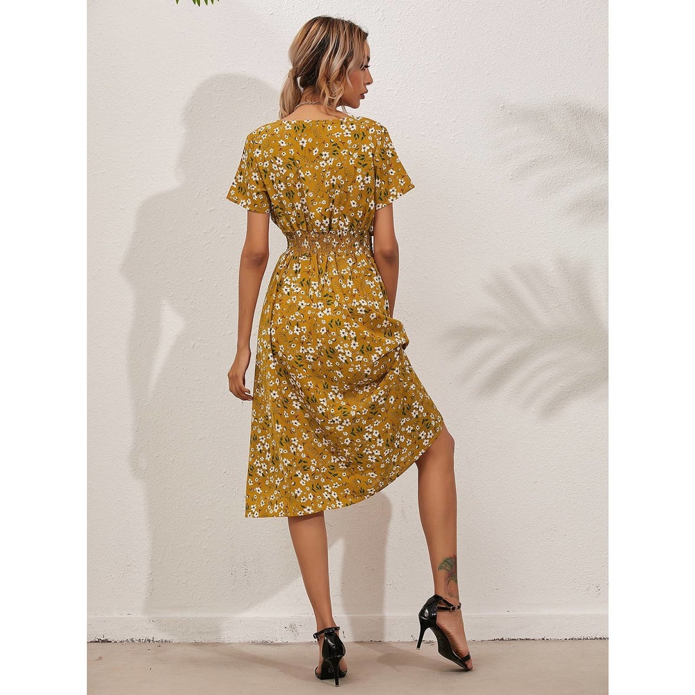 boho yellow Floral Shirred Wrap midi Dress - Picture 5 of 10